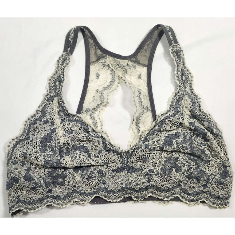 Felina Dusty Blue Ivory Lacey Plunge Bralette Bra Small Adjustable Wireless Boho